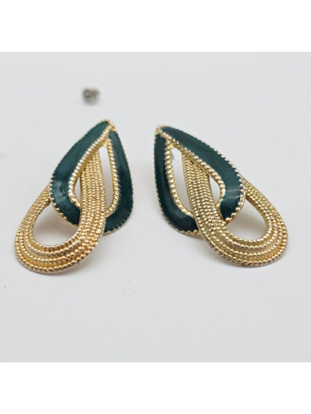 Gold & Teal Textured Dangle Earrings Teardrop Shape Lightweight Pierced Ears VTG - Picture 3 of 5